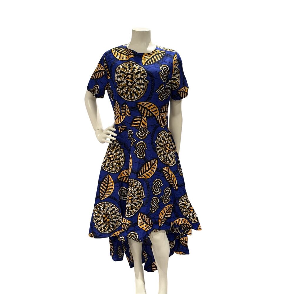 NWT OFUURE Medium Bold Dress 100% Cotton Geometric Print Blue Orange Pockets